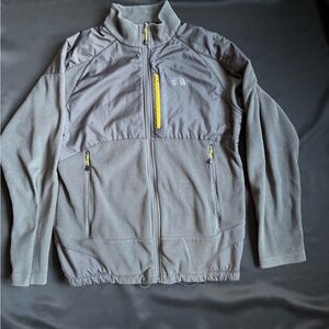 Men's medium grey North Face fleece full-zip jacket with nylon & yellow zippers
